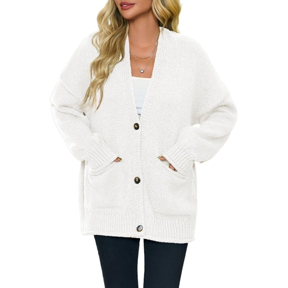 Women's Knit Cardigan Sweater Medium Puff Sleeve Button Down Outwear